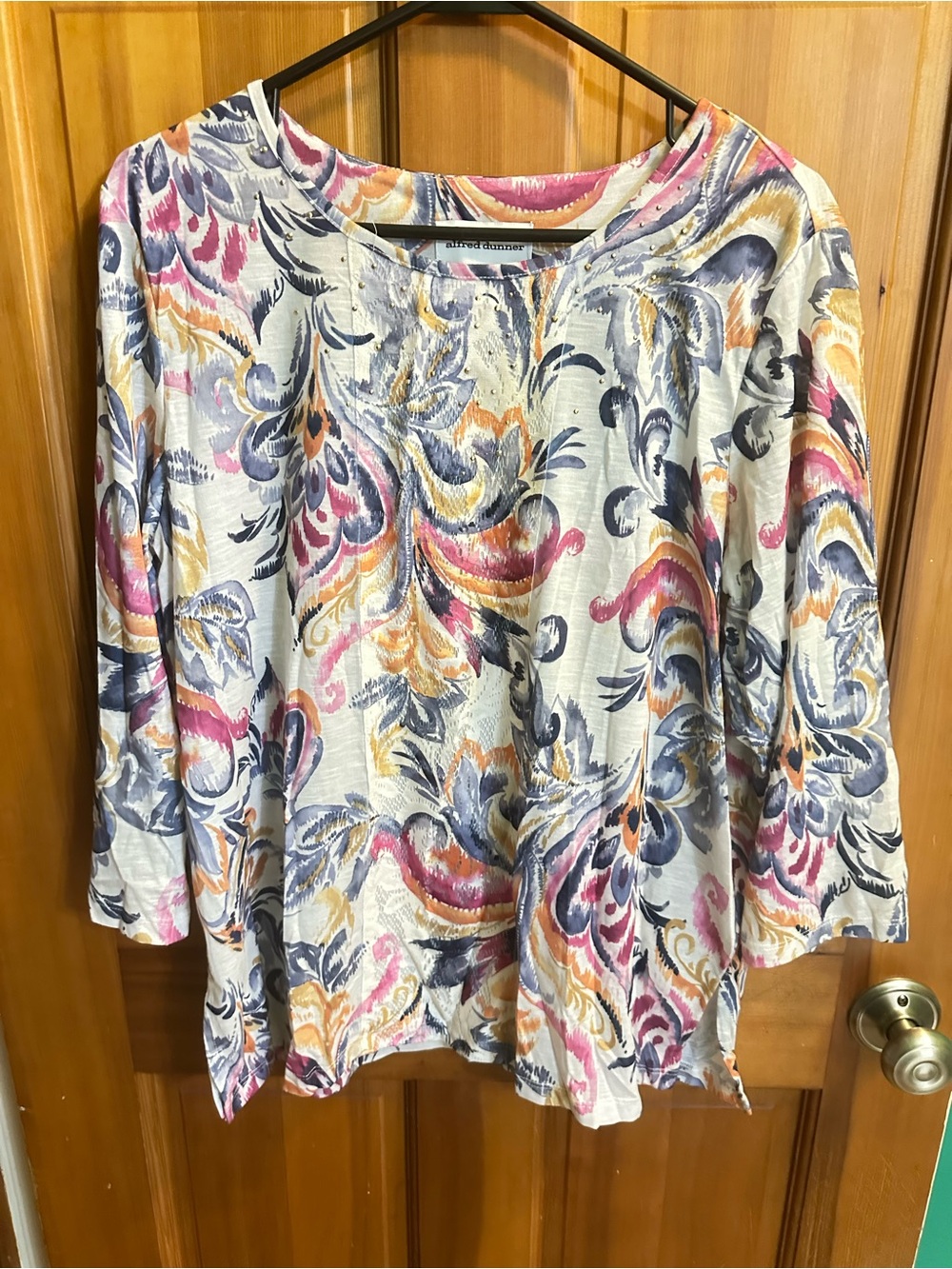 Alfred Dunner Cream Multicolor Paisley Scoop Neck Long Sleeve Top